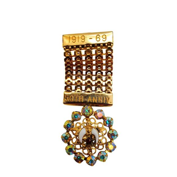 Masonic Mesh Shriners Badge Bar Pin Gold Tone Mesh Lapel Brooch AB Rhinestone - Picture 6 of 10